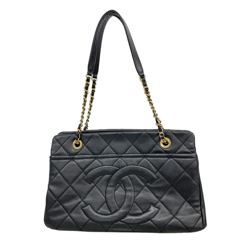 Chanel Tote Bag/Chain Tote, Matelassé Caviar Leather, Black, Women's OP025185